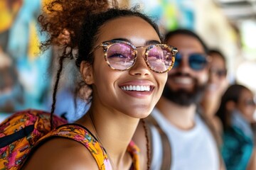Young tourists smiling while visiting a colorful city