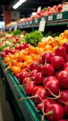 Supermarket grocery store aisle with red fruits and vegetables. Generative AI