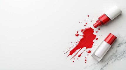 Fototapeta na wymiar A bottle of red nail polish is open and dripping onto a white background