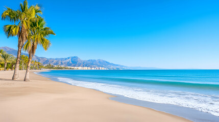 Obraz premium Sunny beach, palm trees, coastal mountains, tranquil ocean; travel, vacation background