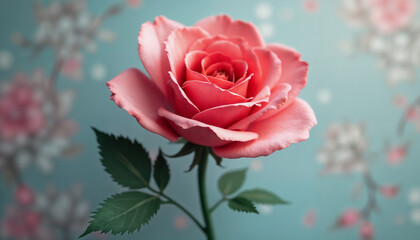 Obraz premium a red rose flower on a simple light blue color background for the Valentine's Day celebration