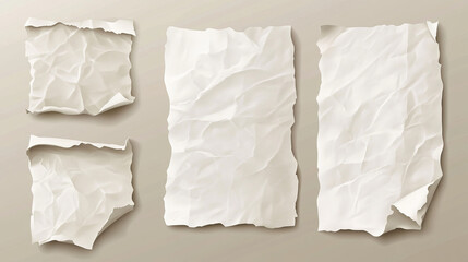 Obraz premium Even and crumpled paper sheets set isolated on background. Vector realistic illustration blank notebook pages with torn edges, memory note or sketch backdrop, draft document, message or letter mockup