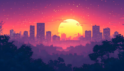 Fototapeta premium Sunset cityscape view from a hilltop, featuring city skyline at dusk, ideal for travel brochures