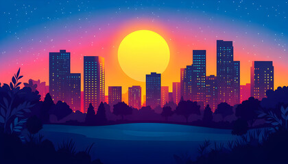 Fototapeta premium Sunset city skyline, park, night, urban landscape, idyllic background