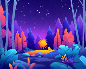 Sunrise in vibrant forest, bird by pond, starry night sky. Ideal for children's book illustrations or calming backgrounds