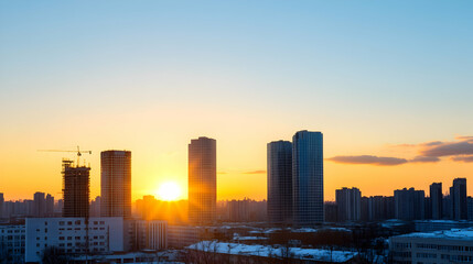 Sunset cityscape, winter, construction, urban development, background for real estate