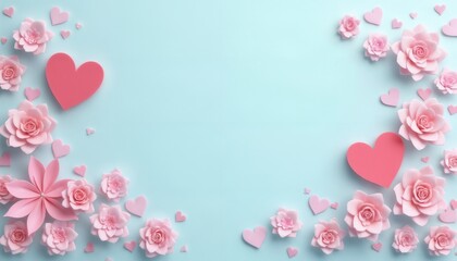 Obraz premium abstract festive background of pink flowers and heart shapes on a soft cyan background for Valentine's Day celebrations