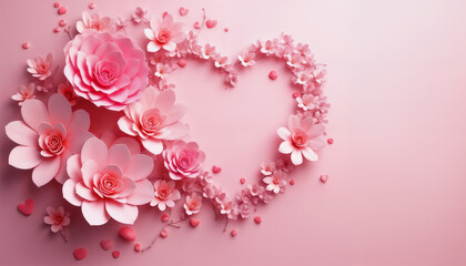 abstract festive background of flowers and heart shapes on a soft pink background for Valentine's Day celebrations