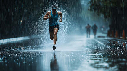 Determined man Running in Rain, City Street, Powerful Athlete