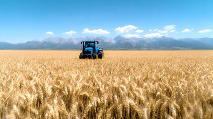 Obraz premium Tractor in wheat field, mountains background; agriculture
