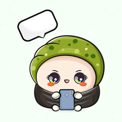 Sushi with a smartphone in hand. Vector hand drawn cartoon kawaii character illustration icon. Isolated on light green background. Sushi character concept