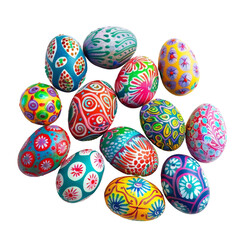 Brightly colored and intricately designed traditional Easter eggs, featuring a variety of patterns and vibrant hues, perfect for festive celebrations.