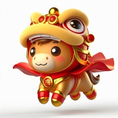Obraz premium 3D Adorable cartoon gold red happy flying superhero cute horse in a lion dance costume, white background
