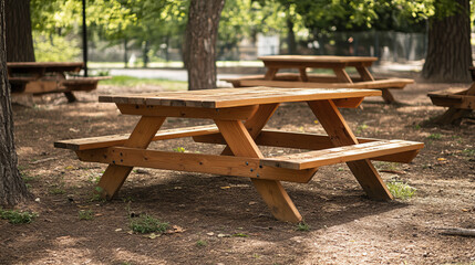 Wooden picnic table with long benches front and side view. Wood furniture for outdoor bbq dining, equipment for park recreation, mockup garden desk isolated on white background. 3D Illustration