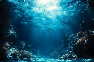 Fototapeta premium Deep Blue Underwater Scene With Sunlight Rays