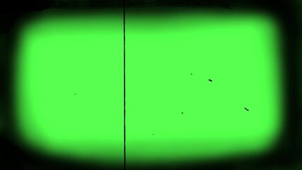 Green screen VHS motion overlay footage. Effect of an old TV with a kinescope on a green screen. Rounded edges of the TV screen. Retro Overlay with grainy noise, light leaks, glitches. Chroma key