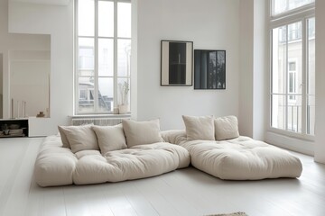 Fototapeta premium contemporary minimalist living room flooded with natural light, featuring cloud-like modular sofa in soft neutrals, architectural elements