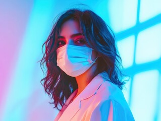 Woman in face mask at window