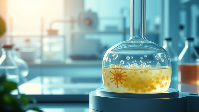 Laboratory glassware with liquid containing bubbles and virus representation in modern scientific research environment