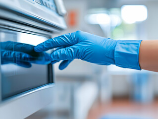 Gloved hand operates lab equipment; blurry background