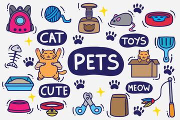 set of cat toys good for wallpaper, background, element design, icon, sticker, etc