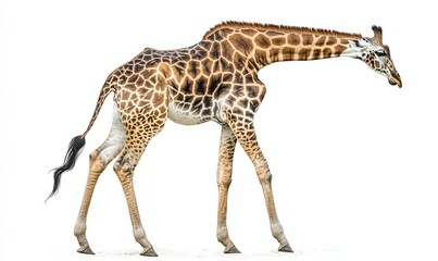 Naklejka premium Giraffe walking, isolated on white background, suitable for educational or design purposes