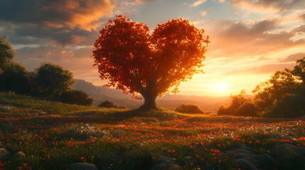 A tree with a heart shape in the middle of a field. The sky is cloudy and the sun is setting