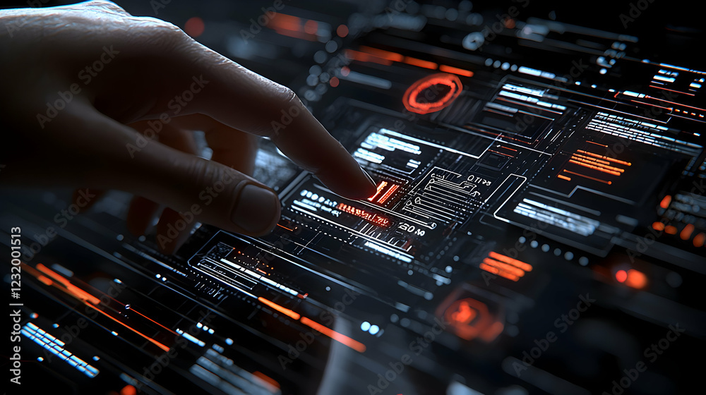 Poster hand interacts with futuristic interface; data streams in background