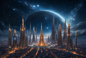 Fototapeta premium celestial city floating among the stars, with glowing towers and ethereal architecture, creating a sense of wonder and grandeur