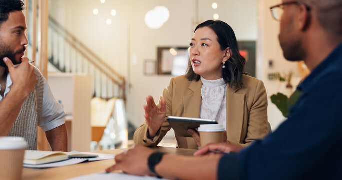 Woman, men and discussion with tablet for planning event, wedding or ceremony with budget, notes and app. People, meeting and leader with touchscreen for party, gala and project management at startup - Powered by Adobe