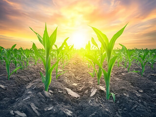Fototapeta premium Young corn plants at sunset. Agriculture field