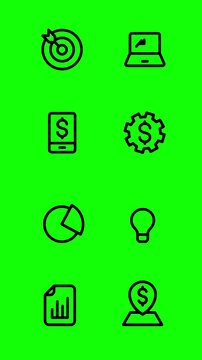 Iconos de negocios y tecnolog&iacute;a animados en fondo verde brillante