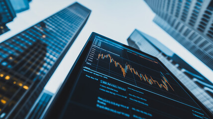 Stock Market Data Display: A low-angle shot of a digital screen displaying dynamic stock market data, set against the backdrop of towering skyscrapers in a vibrant city center.