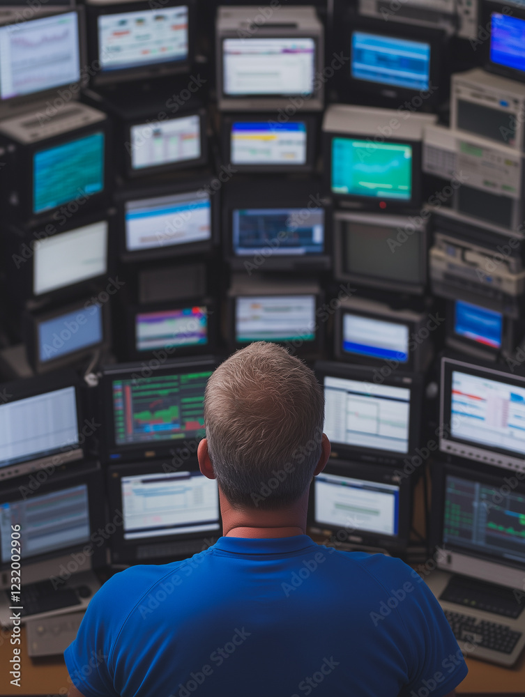 Poster surrounded by screens: a man sits before a wall of computer monitors, each displaying various data a