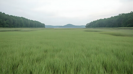 Obraz premium Serene coastal marsh at dawn, tranquil waters, distant hills, nature photography