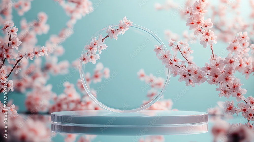 Poster soft cherry blossoms elegantly frame a minimalist frosted glass podium, creating a tranquil setting 