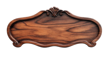 Elegant wooden sign with ornate carvings on transparent background