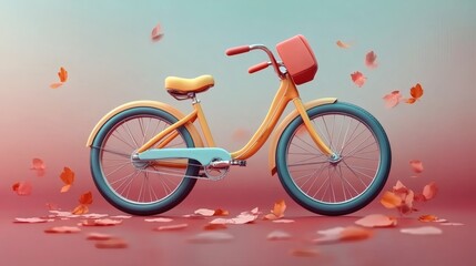 Fototapeta premium Brightly colored bicycle with autumn leaves floating around in a soft pastel background