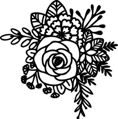 Hand drawing floral line art illustration featuring detailed rose,foliage,leaves, and botanical elements. For coloring pages, tattoo designs, laser cutting, and decorative clipart.