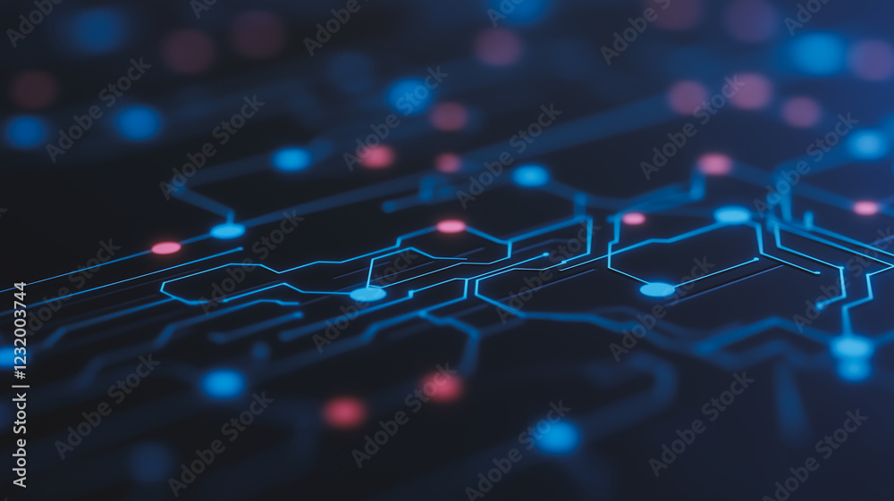 Poster circuitry abstract: an abstract digital illustration of a circuit board with glowing blue and red no