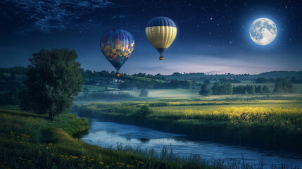 Fototapeta premium Summer landscape with flying hot air balloons, fields, trees and river at night. Vector cartoon illustration of countryside with moon in sky and colorful airships with baskets fly over meadows