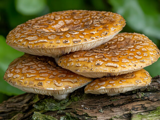 Stacked mushrooms on forest log, nature background, food photography