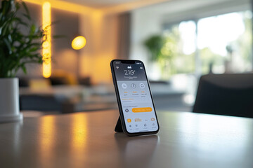 Close-up of a smartphone screen with an application interface for controlling a smart home against the background of a room interior.