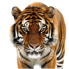 Naklejka premium Close-up photograph of a majestic tiger with intense gaze and beautiful striped fur, showcasing the wild beauty of this magnificent creature.
