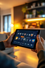 Close-up of a tablet screen with an application interface for controlling a smart home against the background of a room interior.