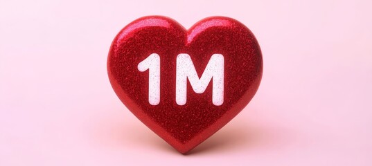 Red Glitter Heart with 1 Million Text Isolated on a Pink Background. Social Media Success Concept.