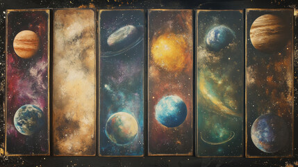 Kids bookmarks with cartoon planets in space, vertical banners for astronomy science or fantasy books. Galaxy and Universe exploration, stars, alien objects with bright fantastic surface, Vector set