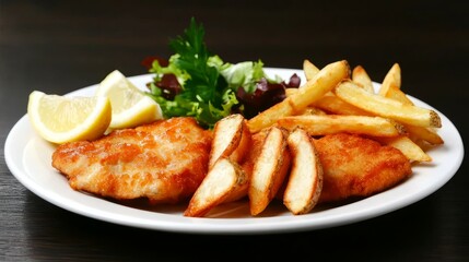 Famous Food of German concept. Delicious fried fish with fries, lemon, and a fresh salad on a white plate.