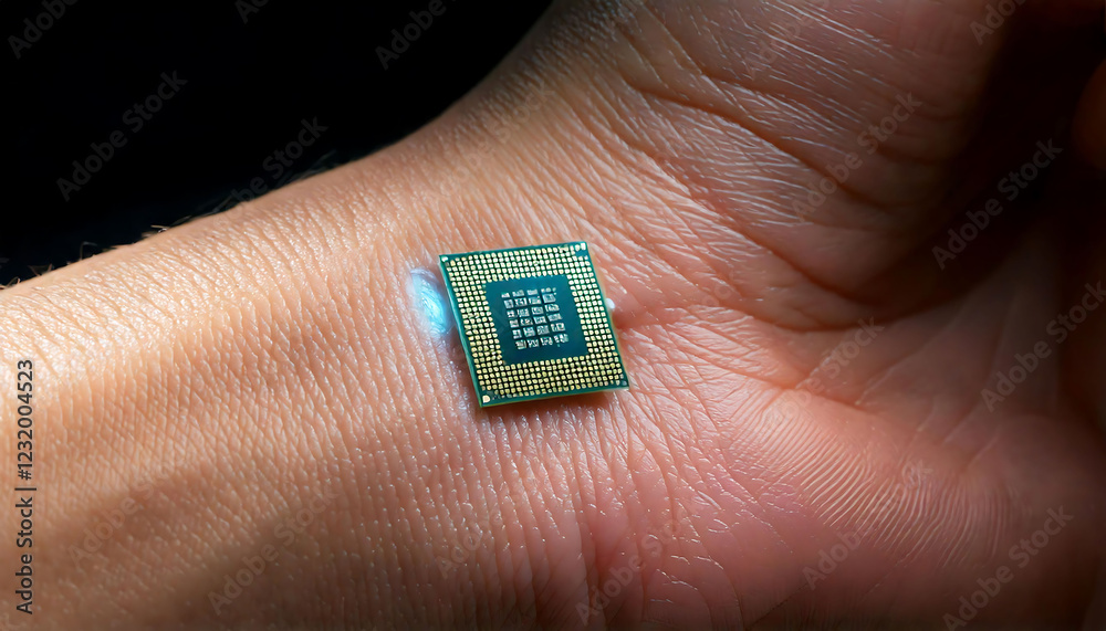 Poster close-up shot of a computer processor resting on a person's palm. the image showcases the intricate 