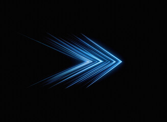 A vibrant blue arrow, composed of dynamic light streaks, points right against a stark black background.  It evokes speed, progress, and futuristic technology.
